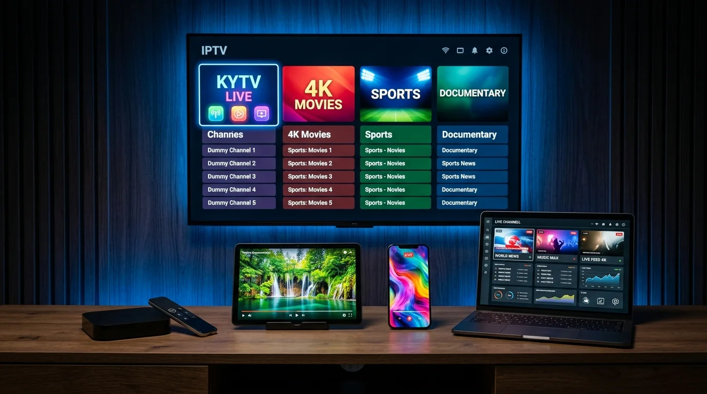 Multi-screen collection of smartphones, tablets, and smart televisions streaming KY IPTV
