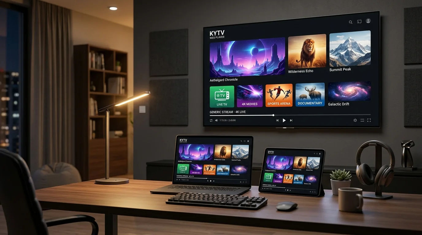 Apple TV media player screen showing Xtream Codes API login credentials and playlist categories